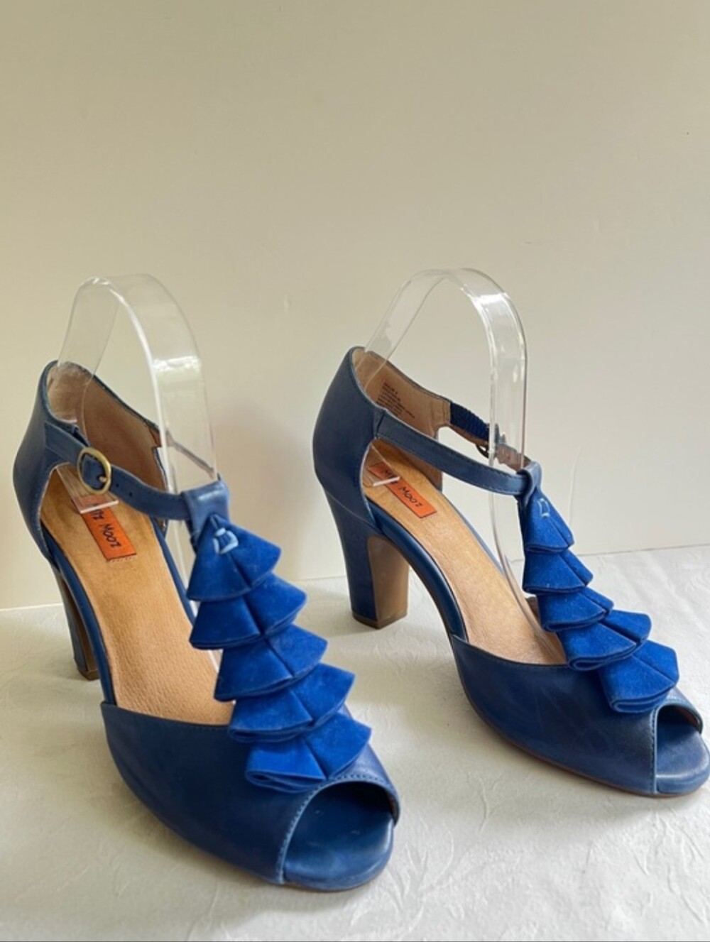 Miz Mooz Blue Peep-Toe Ruffle Heels - Women